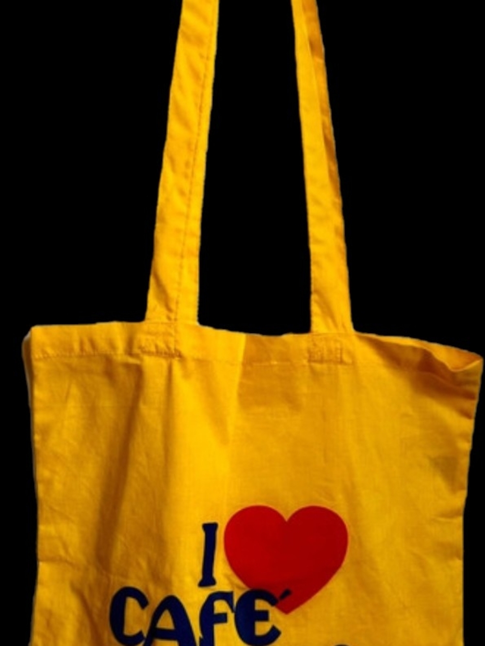 "I Love Cafe BUSTELO" Yellow Canvas Tote Bag with Red Heart Print.